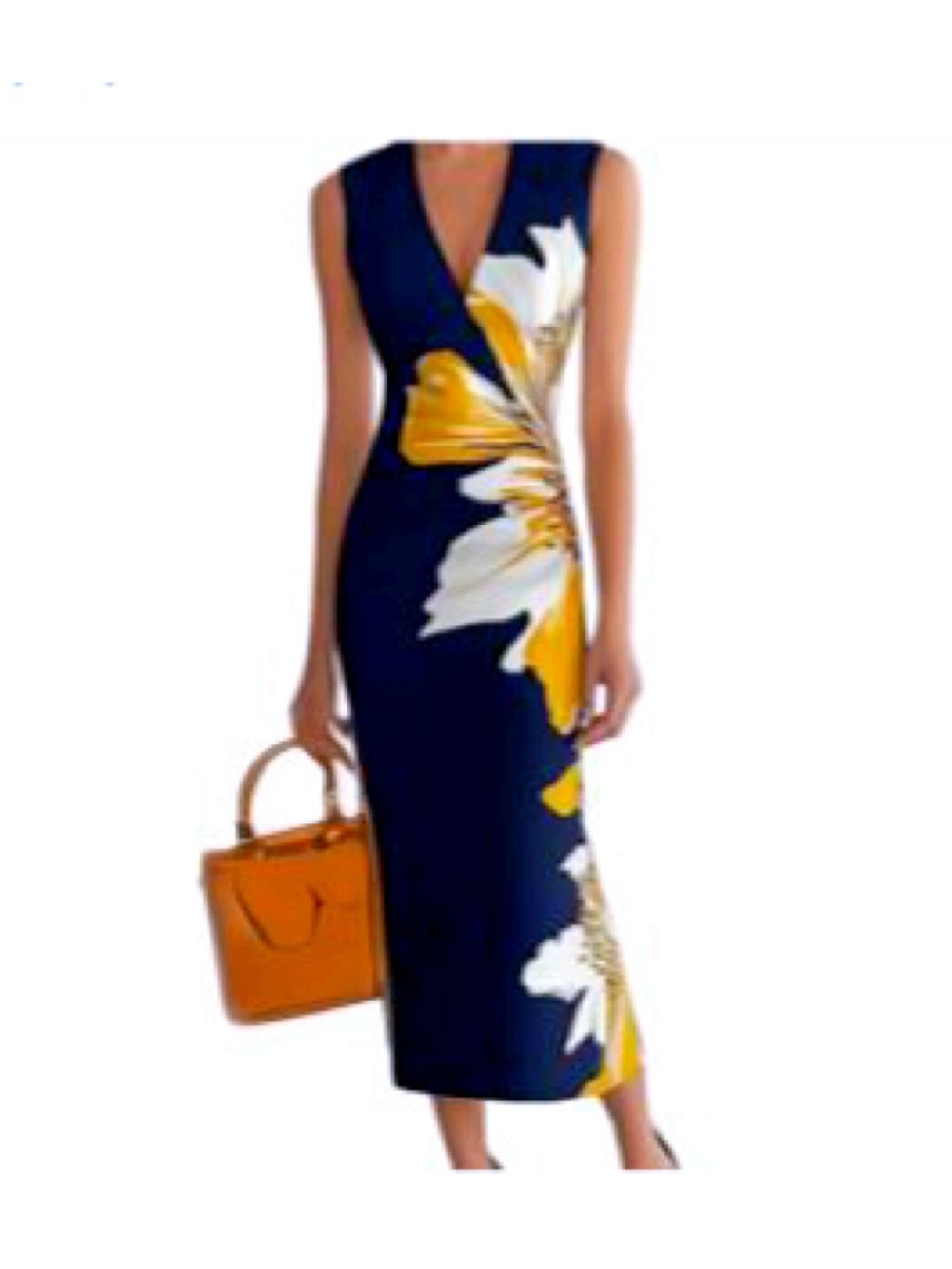 Sleeveless Navy Floral Wrap Midi Dress - Yellow & White Bloom NWT